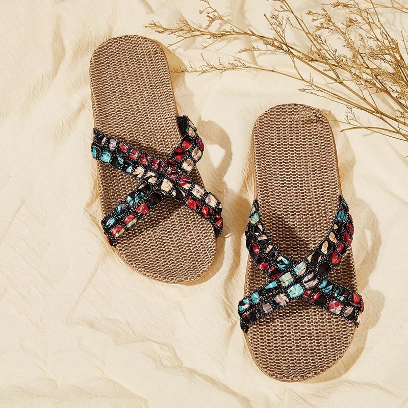 

Cross Strap Open Toe Sliders, Multicolor