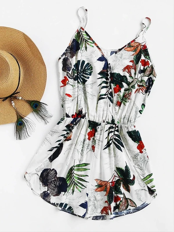 SheIn Womens V Neck Tropical Print Elastic Waist Tulip Hem Cami Romper