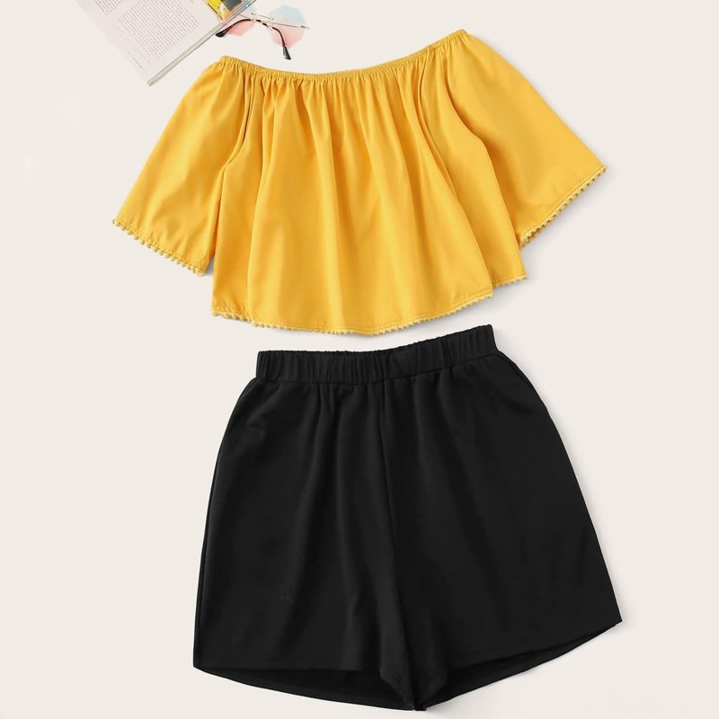 

Plus Off Shoulder Top With Shorts, Multicolor