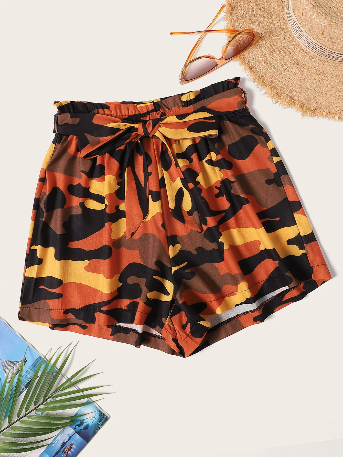 high rise belted camo print shorts