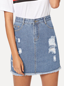 Ripped Raw Hem Denim Skirt