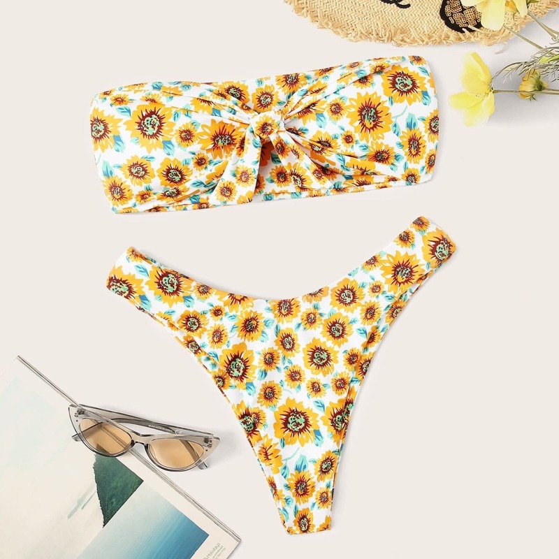 

Random Sunflower Print Bandeau With High Cut Bikini Set, Multicolor