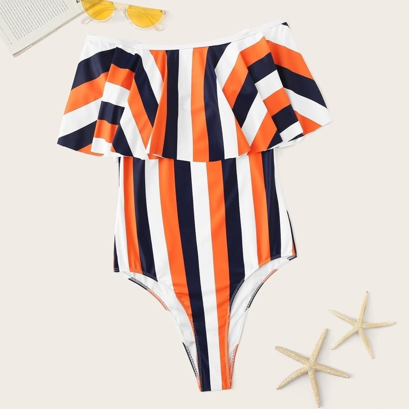 

Striped Flounce Bardot One Piece Swimsuit, Multicolor