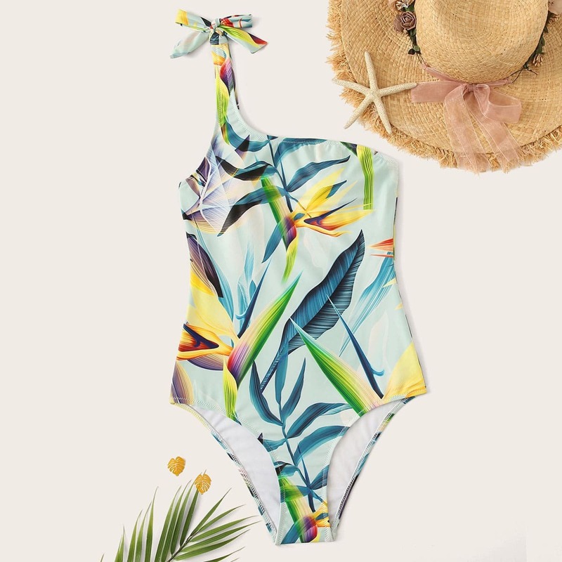 

Random Leaf Print One Shoulder One Piece Swimsuit, Multicolor
