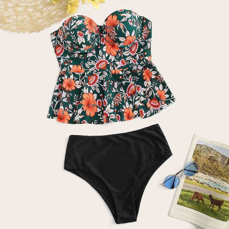 

Random Floral Peplum Top With High Waist Tankini Set, Multicolor