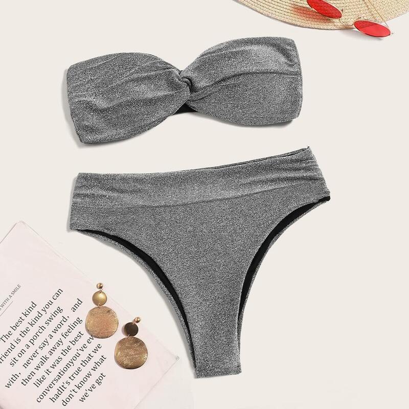 

Twist Bandeau With High Waist Bikini Set, Grey