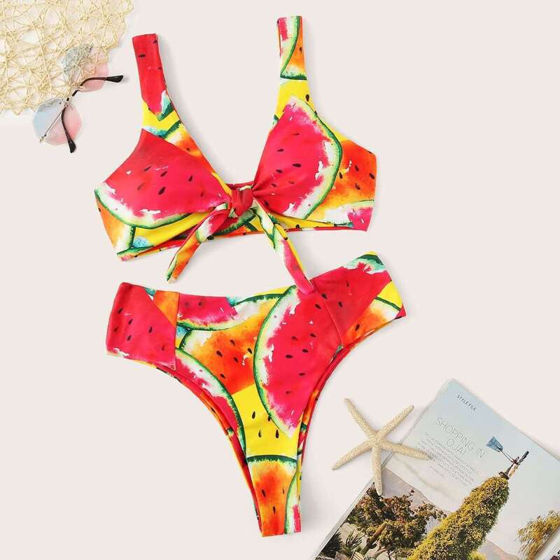 

Random Watermelon Knot Front Top With High Waist Bikini, Multicolor