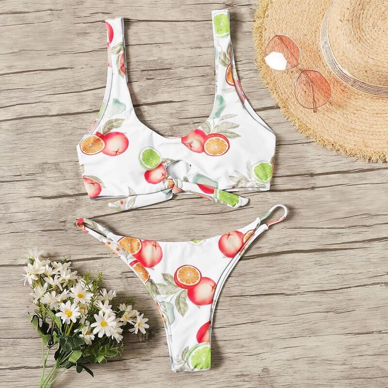 

Random Orange Scoop Neck top With Tanga Bikini, Multicolor