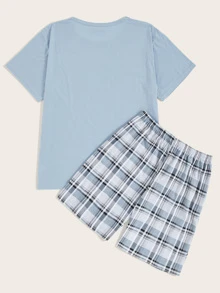 Men Feather & Plaid Print Pyjama Set - Multicolor - View 3