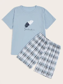 Men Feather & Plaid Print Pyjama Set - Multicolor - View 1