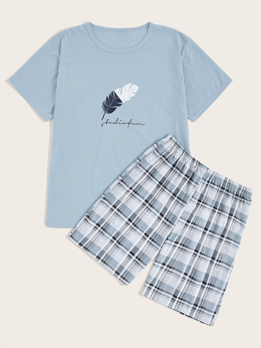 Men Feather & Plaid Print Pyjama Set - Multicolor - View 1