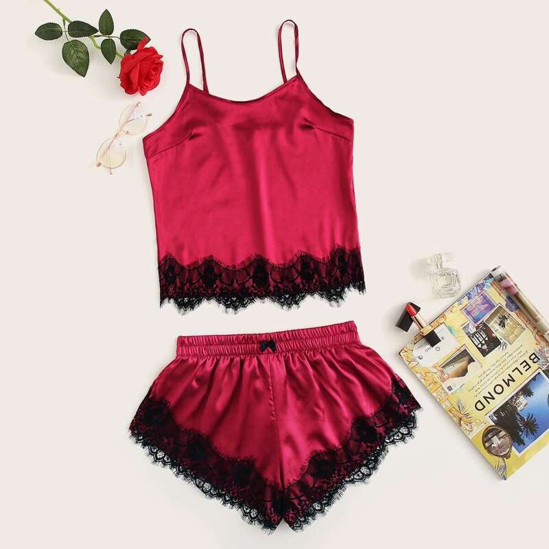 

Lace Trim Satin Cami Top With Shorts, Burgundy