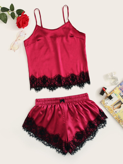 Top à fines brides en satin avec dentelle & Short