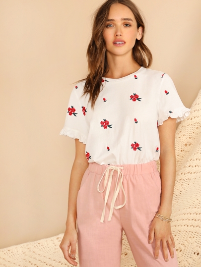 Embroidery Floral Ruffle Cuff Tee