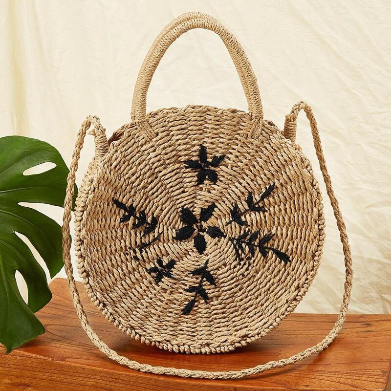 

Leaf Embroidery Round Satchel Bag, Brown