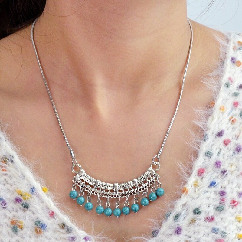 

Blue Beads Geometric Pendant Necklace, Multicolor