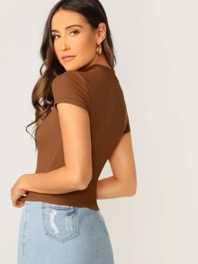 SHEIN Essnce Mock-neck Rib-knit Form Fitting Tee - Brown - View 2