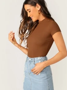 SHEIN Essnce Mock-neck Rib-knit Form Fitting Tee - Brown - View 3
