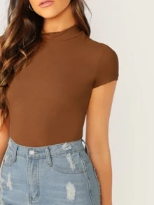 SHEIN Essnce Mock-neck Rib-knit Form Fitting Tee - Brown - View 4