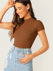 SHEIN Essnce Mock-neck Rib-knit Form Fitting Tee - Brown - View 1