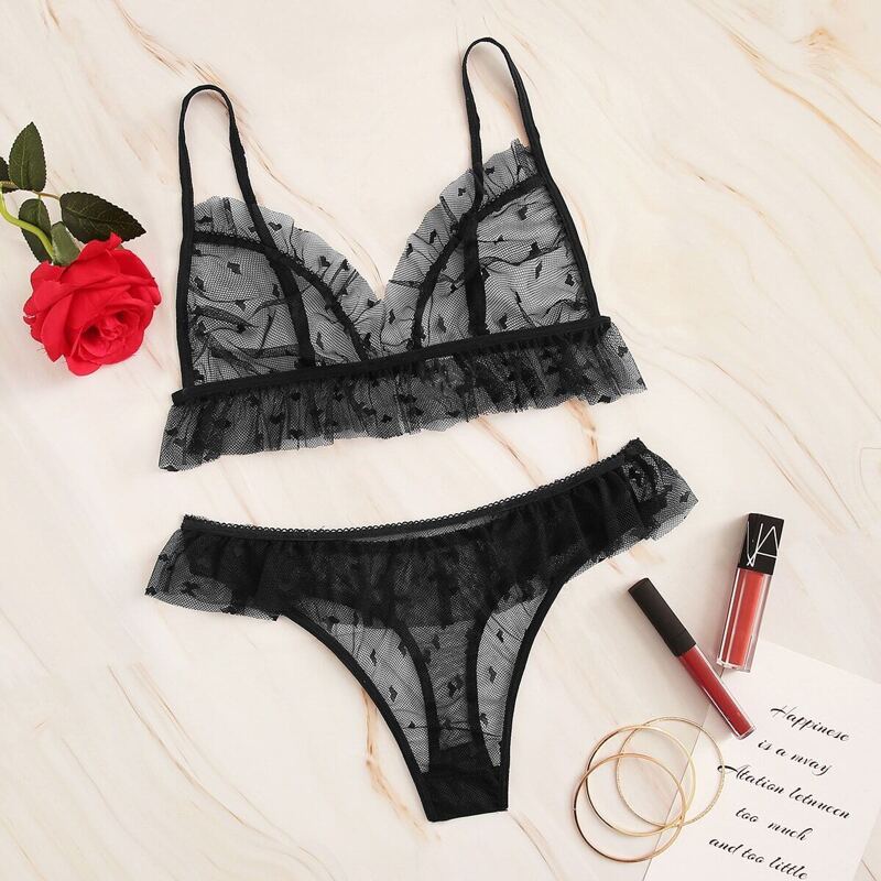 

Frill Trim Mesh Lingerie Set, Black