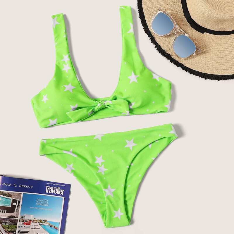 

Neon Lime Star Print High Leg Bikini Set, Green bright
