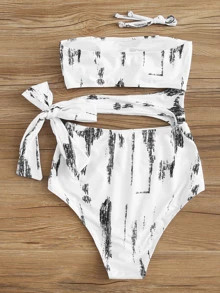 SHEIN Swim Cut-out Side Bandeau Swimsuit - Black and White - View 2