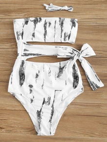 SHEIN Swim Cut-out Side Bandeau Swimsuit - Black and White - View 5