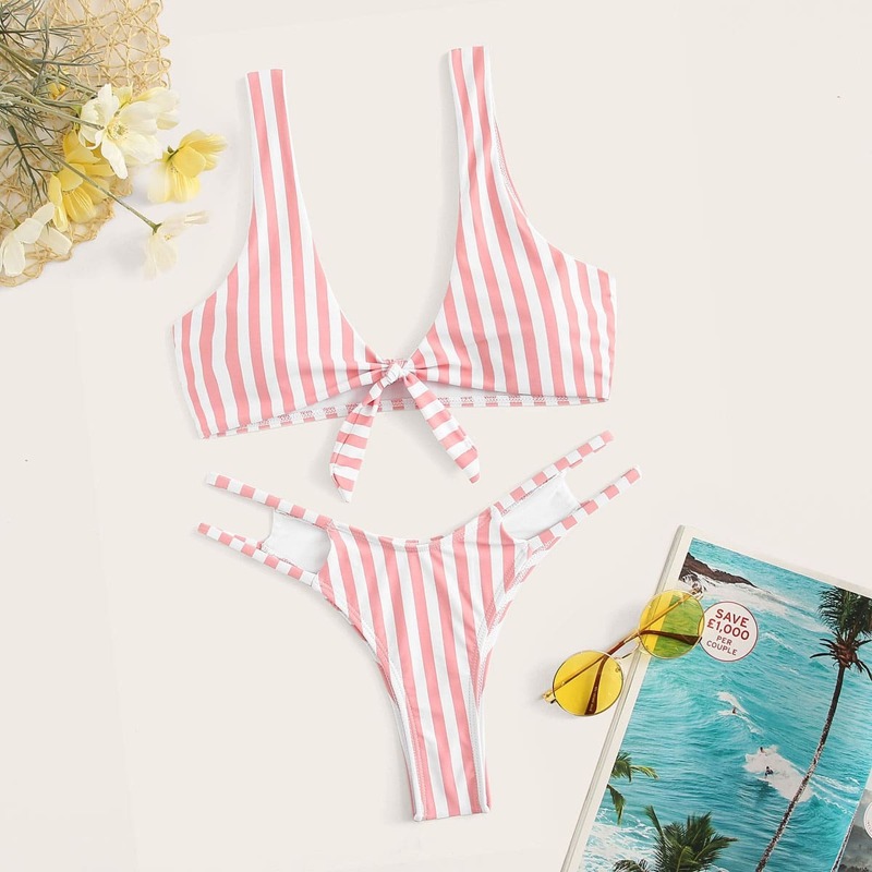 

Striped Tie-front Top With Ladder Cut-out Bikini, Pink