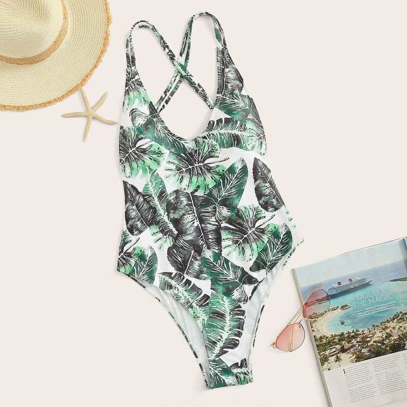 

Leaf Print Seam Trim Crisscross One Piece Swimsuit, Multicolor
