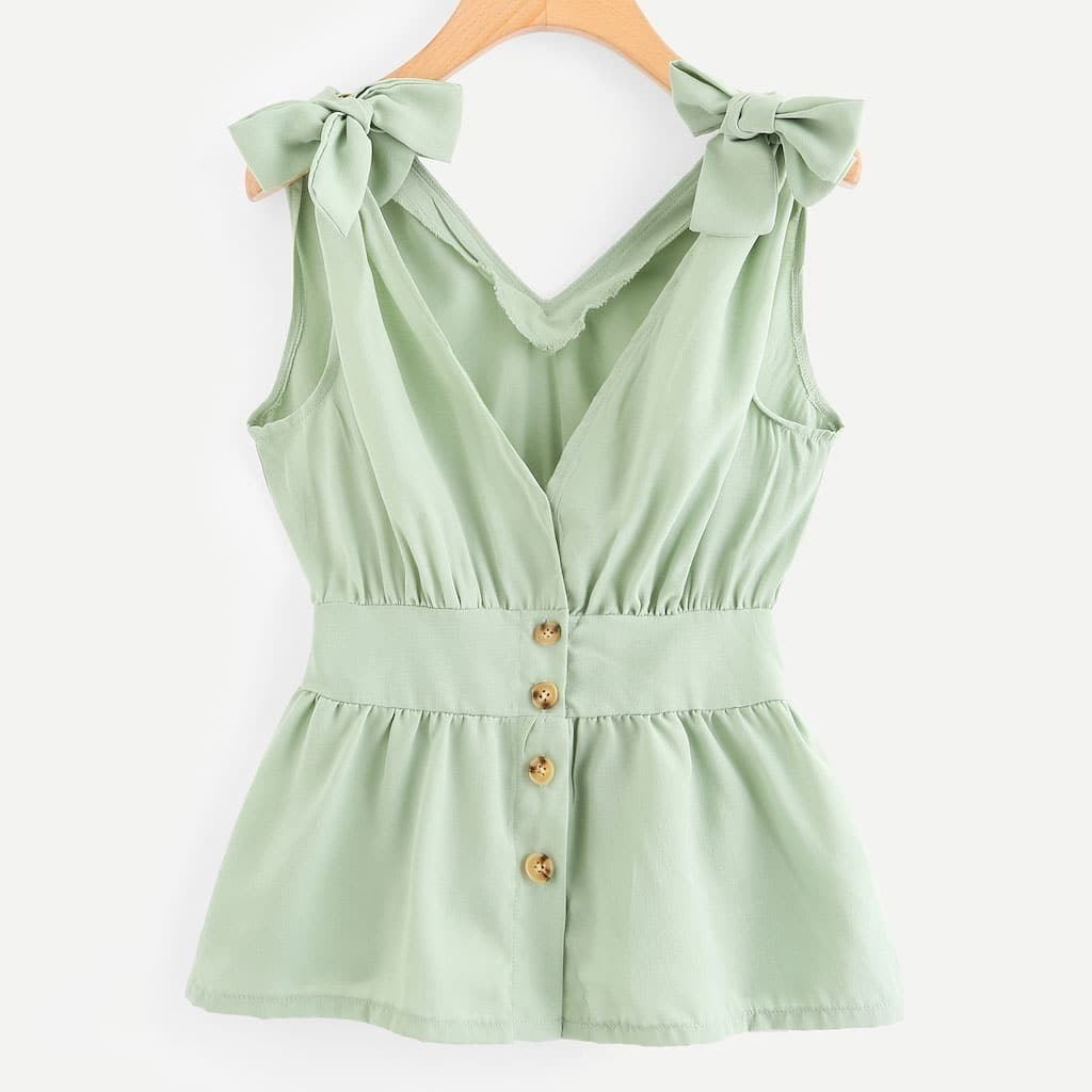 

Plus Button Knot Ruffle Hem Top, Green