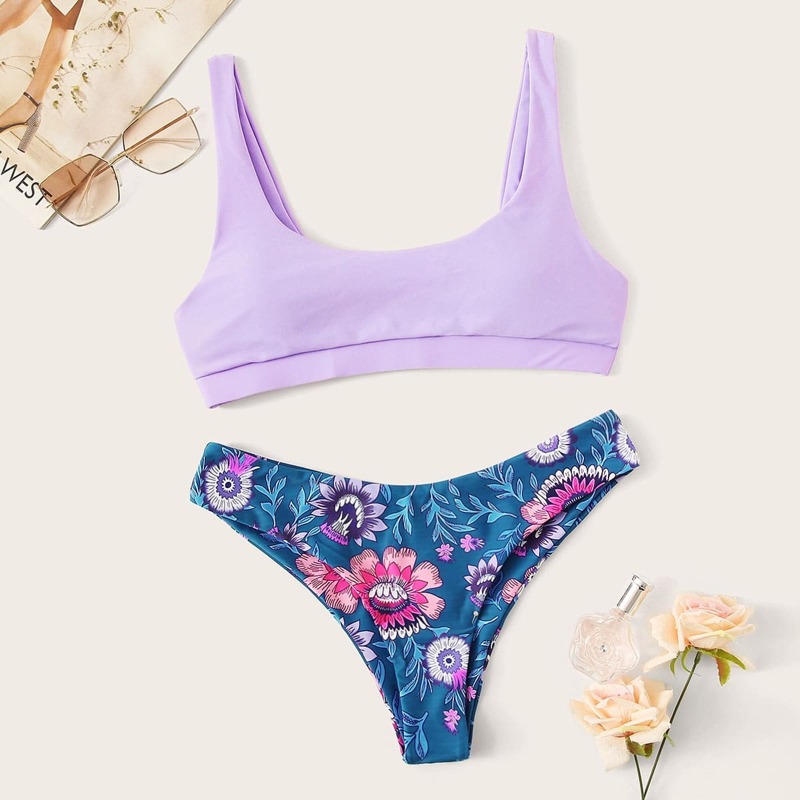 

Scoop Neck Top With Floral Hister Bikini Set, Multicolor