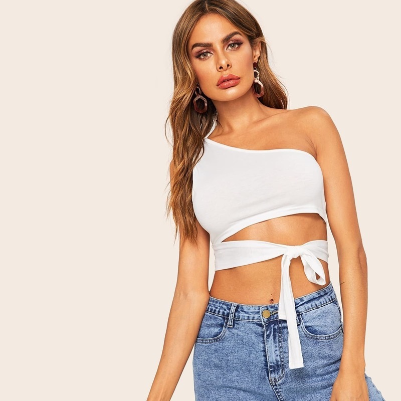 

One Shoulder Cross Crop Top, White