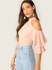 SHEIN Ruffle Halter Cold Shoulder Bell Sleeve Top - Baby Pink - View 3