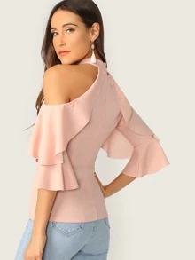 SHEIN Ruffle Halter Cold Shoulder Bell Sleeve Top - Baby Pink - View 2