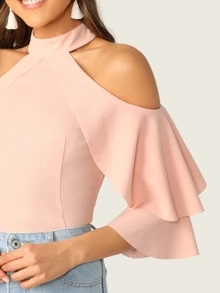 SHEIN Ruffle Halter Cold Shoulder Bell Sleeve Top - Baby Pink - View 4
