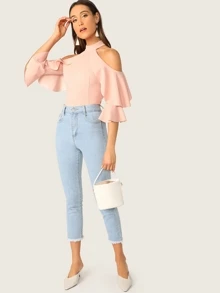 SHEIN Ruffle Halter Cold Shoulder Bell Sleeve Top - Baby Pink - View 5