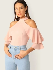 SHEIN Ruffle Halter Cold Shoulder Bell Sleeve Top - Baby Pink - View 1