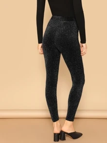 SHEIN Elastic Waist Sparkle Leggings - Black - View 2