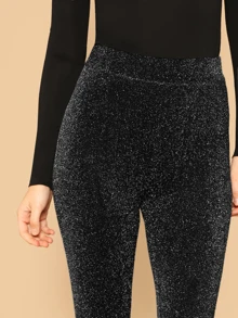 SHEIN Elastic Waist Sparkle Leggings - Black - View 4