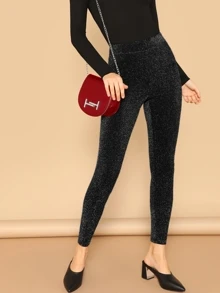SHEIN Elastic Waist Sparkle Leggings - Black - View 1