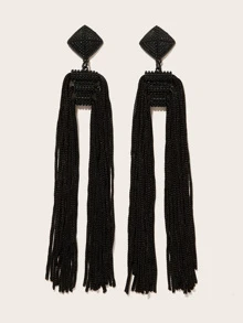 Square Detail Tassel Drop Earrings 1pair - Black - View 2