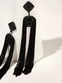 Square Detail Tassel Drop Earrings 1pair - Black - View 3