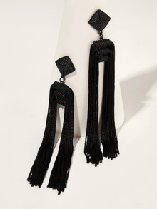 Square Detail Tassel Drop Earrings 1pair - Black - View 1