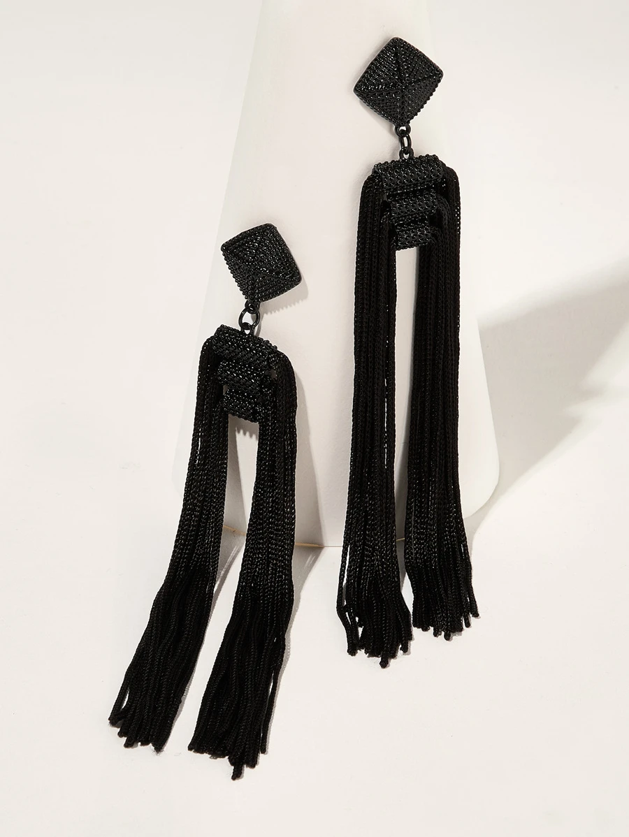 Square Detail Tassel Drop Earrings 1pair - Black - View 1