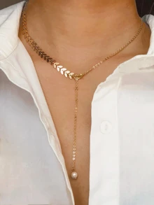 1pc Leaf Detail Lariat Necklace 1pc Copper Jewelry - Yellow Gold - View 1