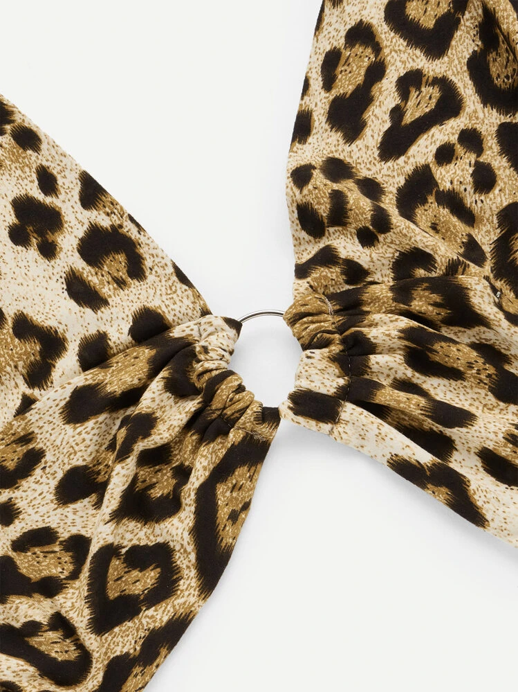 SHEIN Unity Leopard Plunge Crop Halter Top - Multicolor - View 3