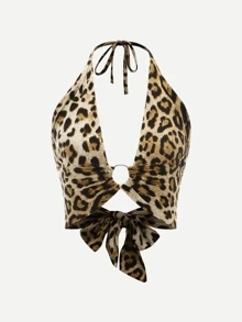 SHEIN Unity Leopard Plunge Crop Halter Top