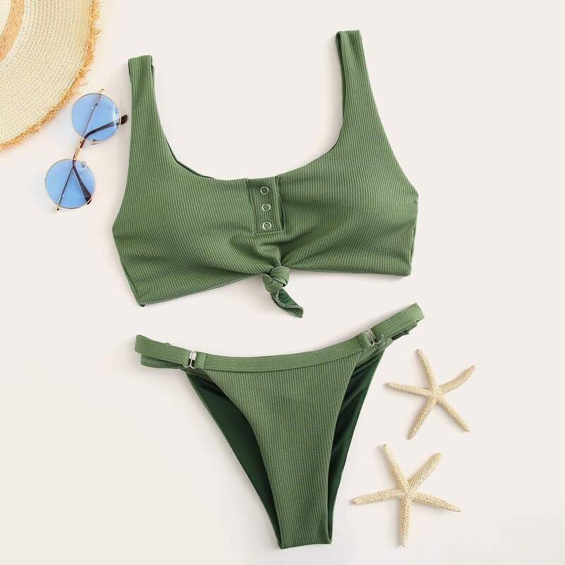 

Knot Front Ribbed Top With Tanga Bikini Set, Army green