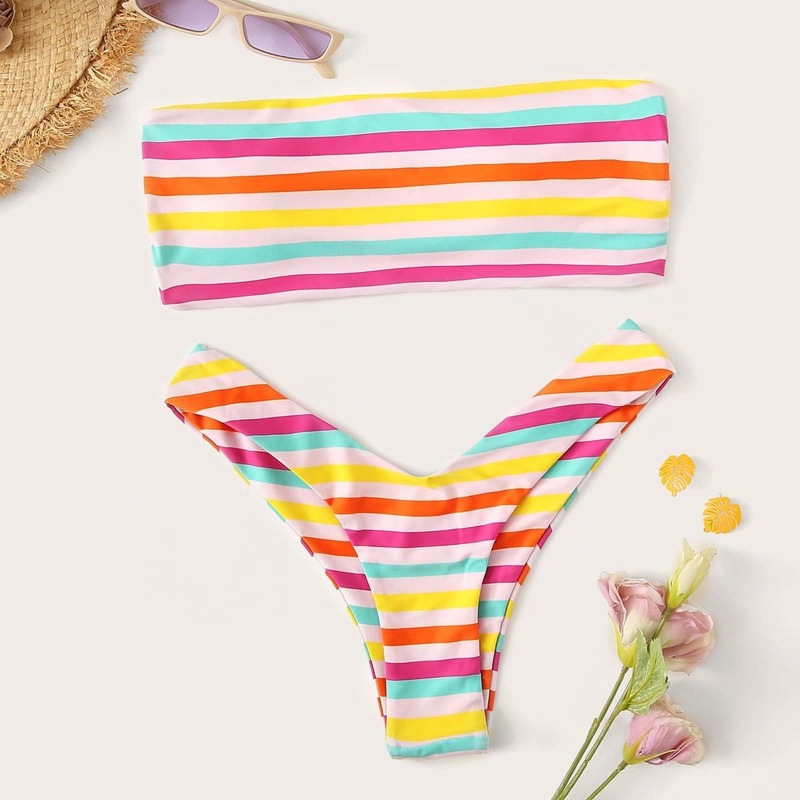 

Striped Ladder Cut Out Bandeau With High-leg Bikini, Multicolor